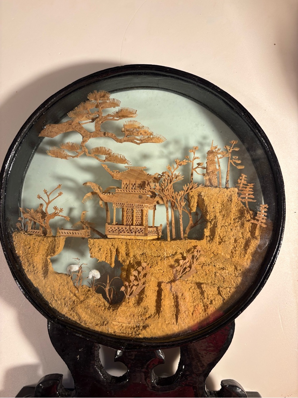 Handcrafted Sand Relief Landscape Asian Art in black frame